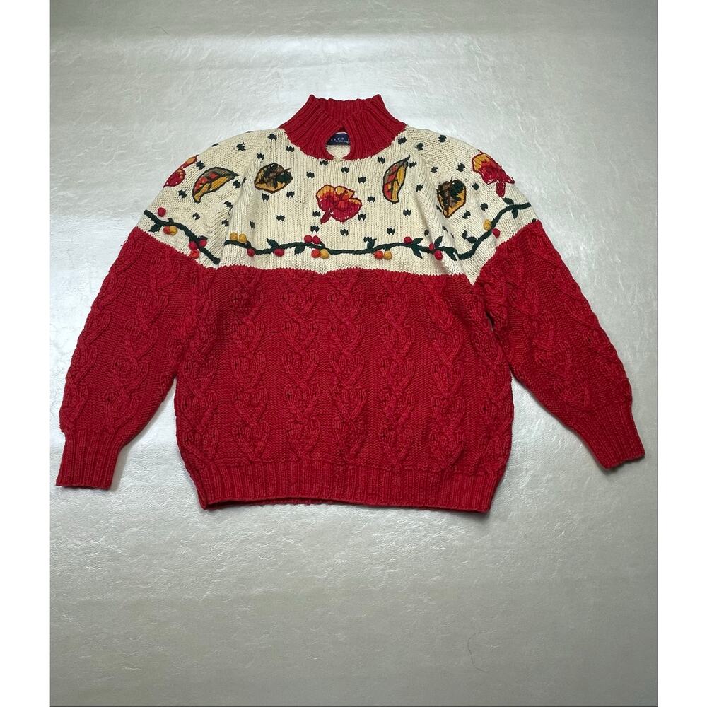 🔥Vintage 70s Birch Bros Red Cream Cable Knit Sweater Grandmacore Holiday Size S